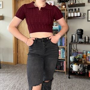 Dark academia cropped maroon quarter button up tee shirt